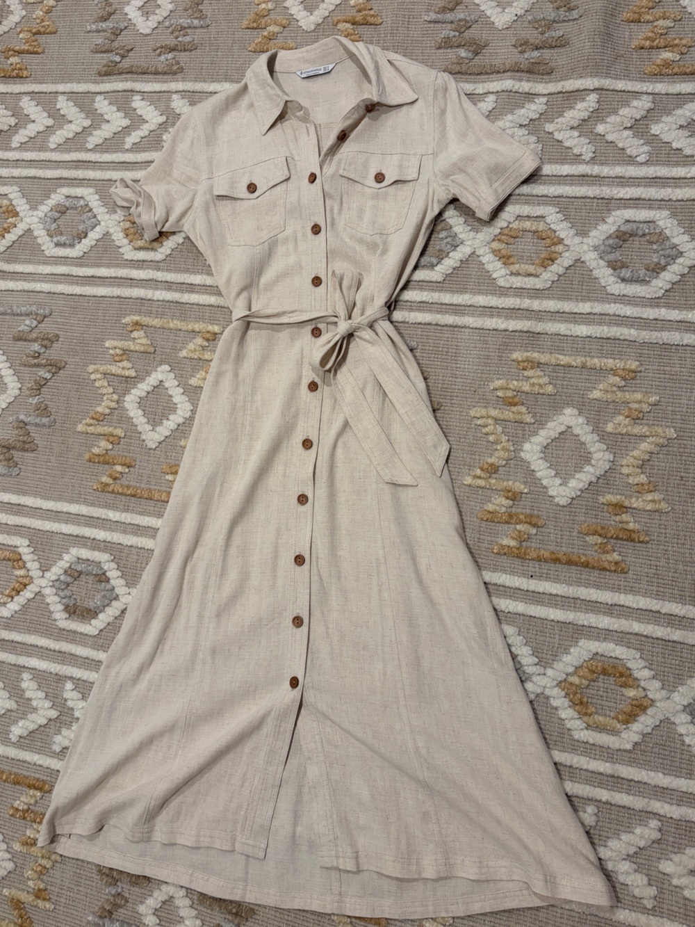 Beige Button-Front Maxi Shirt Dress with Tie Waist
